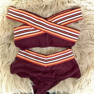 Swim wear by XOXO bikini off the shoulder style burgundy base w/ orange white XL